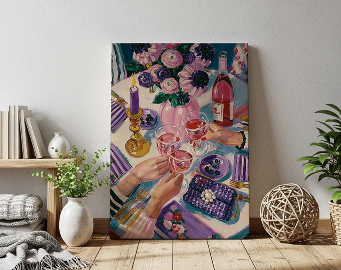 Girls Night Wall Art Print, Purple Table Setting Painting, Rosé Wine Cheers Art, Luxury Dinner Decor, Best Friends Cocktail Canvas
