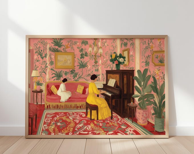 Piano Woman Wall Art Print, Mother Daughter Piano Painting Print, Vintage Interior Art, Family Music Scene Canvas Print, Living Room Decor