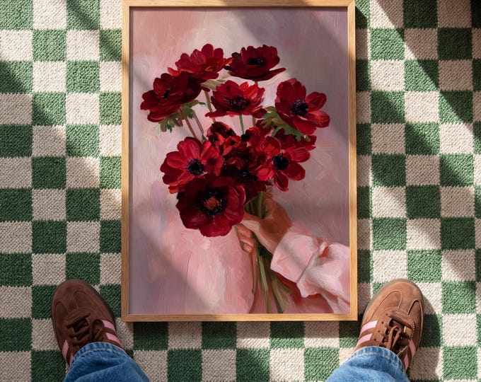 Red Anemone Oil Painting Print, Hand Holding Flowers Wall Art, Pink Aesthetic Floral Art,Impressionist Bouquet Decor, Moody Floral Art