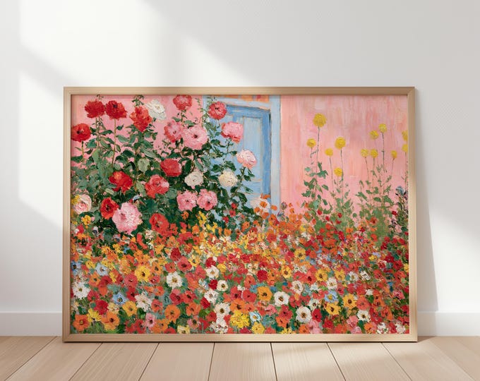 Pink House Wall Art Print, Hydrangea Flower Garden Painting, Cottage Garden Wall Decor, Impressionist Floral Canvas Art