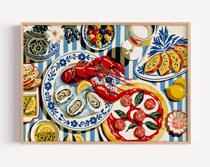 Coastal Italian Food Wall Art Print, Lobster Oyster Pizza Mediterranean Kitchen Decor, Blue White Stripe Seafood Painting, French Bistro Art