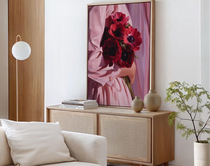 Red Anemone Oil Painting Print, Hand Holding Flowers Wall Art, Pink Aesthetic Floral Art,Impressionist Bouquet Decor, Moody Floral Art
