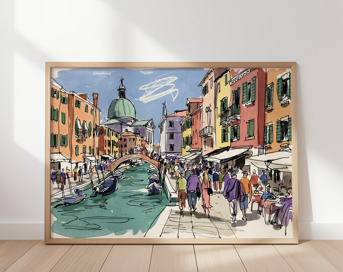 Venice Italy Wall Art Print, Colorful Canal Sketch, Venetian Street Painting, European Travel Decor, Mediterranean City Artwork