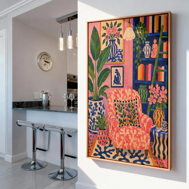 Maximalist Pink Room Oil Painting Print, Colorful Interior Wall Art, Eclectic Preppy Decor, Cozy Reading Nook Framed Canvas image 16