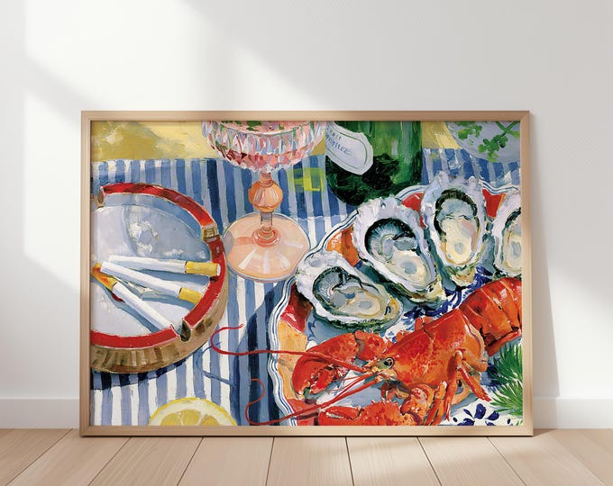 Lobster Oyster Oil Painting Print, Wine Glass Bottle Wall Art Print, Preppy Bar Cart Decor, Coastal Kitchen Art, Seafood Dining