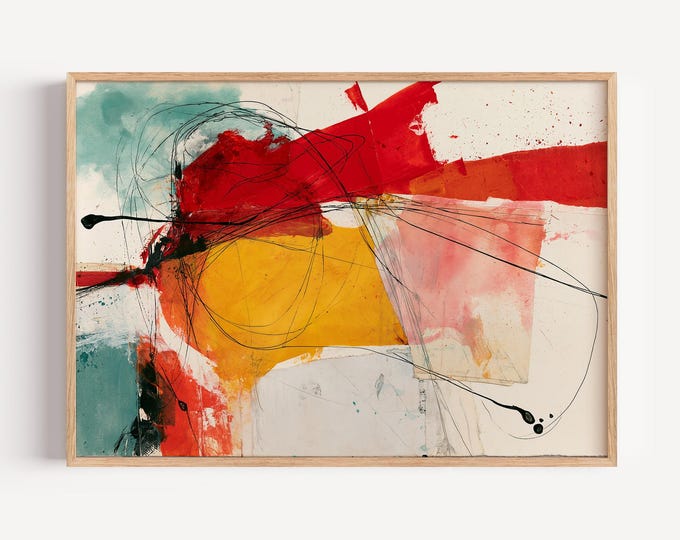 Abstract Wall Art Print, Red Yellow Abstract Painting, Modern Expressionist Art, Contemporary Wall Decor, Mid Century Modern Art