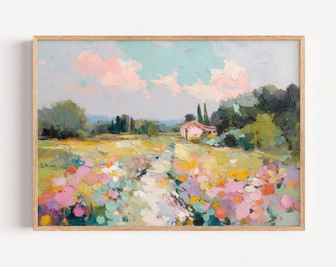 Pastel Landscape Wall Art Print, Colorful Abstract Oil Painting Print, French Country Cottage Decor, Spring Meadow Art, Floral Field Artwork