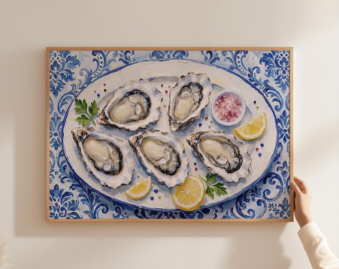 Blue White Oyster Wall Art Print, Coastal Kitchen Decor, French Seafood Painting, Mediterranean Dining Room Art, Oyster Oil Canvas