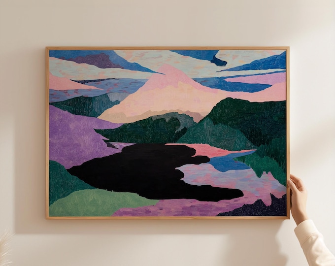 Pastel Abstract Mountain Landscape Wall Art Print, Dreamy Pink Clouds Framed Wall Art, Colorful Surreal Nature Canvas, Modern Boho Decor