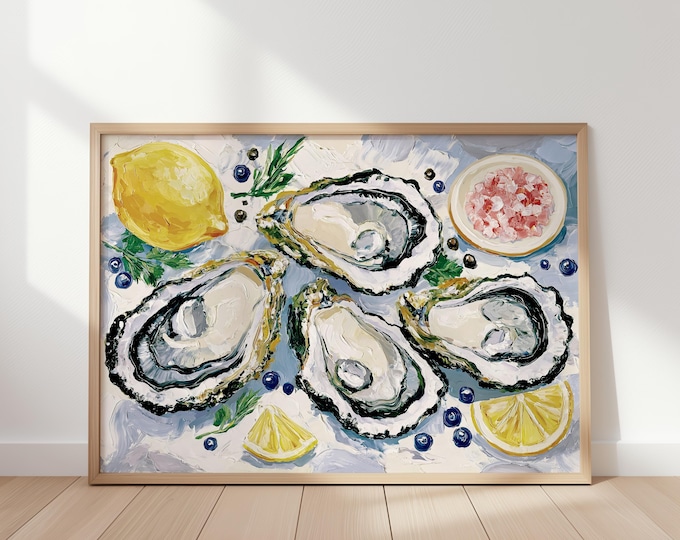 Oyster Wall Art Print, Coastal Kitchen Decor, French Seafood Painting, Lemon & Sea Salt Canvas, Mediterranean Dining Room Wall Art