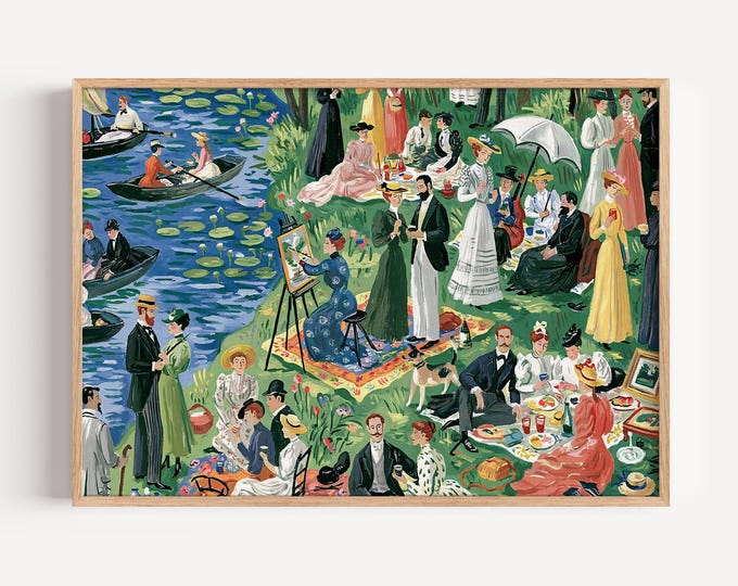 Vintage River Picnic Wall Art, Impressionist Garden Party Painting, Elegant Lakeside Gathering Print, French Country Decor