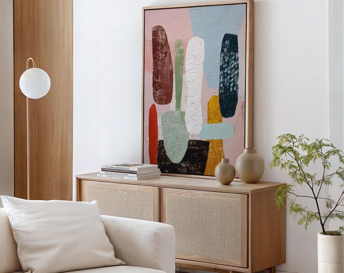 Modern Abstract Pastel Pink Wall Art, Colorful Organic Shapes Print, Large Textured Contemporary Painting, Mid Century Gallery Wall Decor