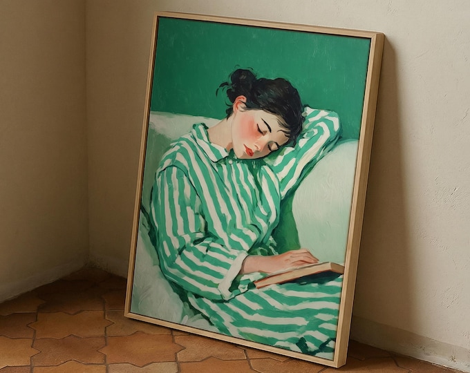 Green Oil Painting Print, Woman Reading Art, Vintage Style Wall Art, Cozy Aesthetic Canvas, Bedroom Decor, Soft Feminine Wall Decor