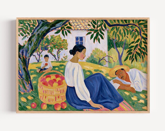 Woman Under Tree Painting Print,Wall Art Print, Apple Orchard Art, Mediterranean Countryside Decor, Vintage Folk Art, Cottagecore Canvas