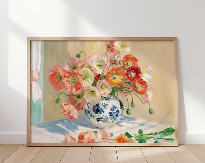 Colorful Poppy Flower Wall Art Print, Floral Vase Painting, Vintage Botanical Art, Cottagecore Wall Decor, Spring Flower Print
