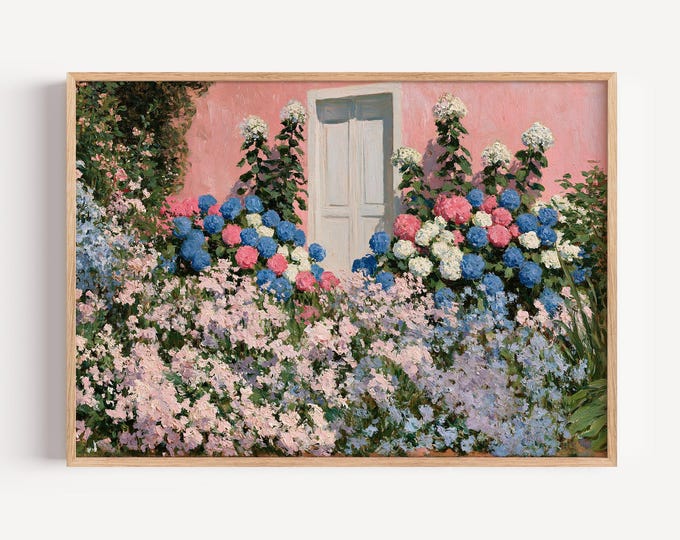 Pink House Wall Art Print, Hydrangea Flower Garden Painting, Cottage Garden Wall Decor, Impressionist Floral Canvas Art