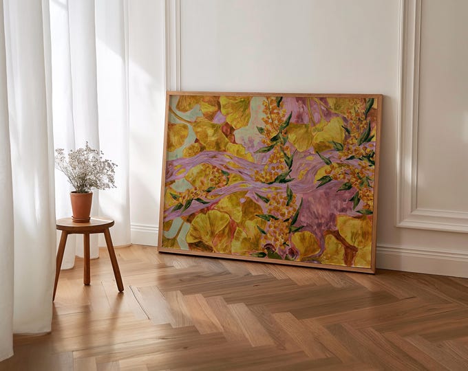 Ginkgo Leaf Wall Art Print, Abstract Botanical Painting, Modern Floral Canvas, Yellow Purple Nature Decor, Contemporary Living Room Art