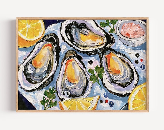 Oyster Wall Art Print, Coastal Kitchen Decor, French Seafood Painting, Lemon & Sea Salt Canvas, Mediterranean Dining Room Wall Art