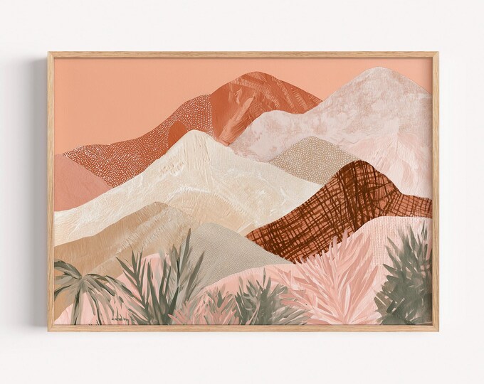 Boho Abstract Landscape Wall Art Print, Terracotta Desert Wall Art, Southwest Mountain Print, Neutral Earth Tone Bohemian Decor