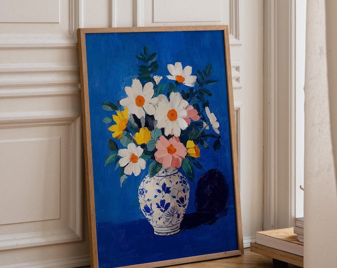 Chinoiserie Floral Oil Painting Print, Blue and White Vase Wall Art, Dark Blue Botanical Framed Canvas, Grandmillennial Decor