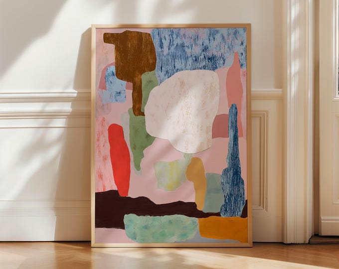 Modern Abstract Pastel Pink Wall Art, Colorful Organic Shapes Print, Large Textured Contemporary Painting, Mid Century Gallery Wall Decor