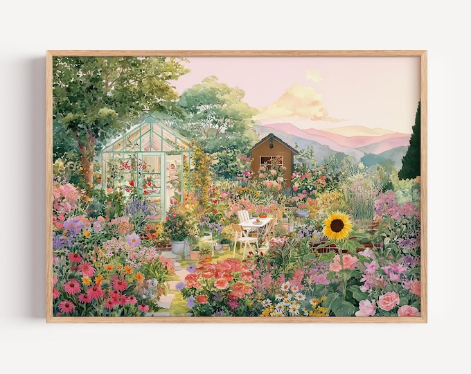 Watercolor Botanical Garden Wall Art Print, Spring Floral Greenhouse Framed Wall Art, Cottagecore Nature Landscape Canvas Decor