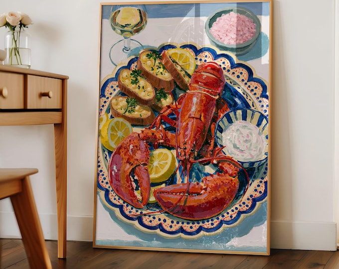 Coastal Lobster Wall Art Print, Nautical Kitchen Decor, French Seafood Painting, Lemon Lobster Canvas, Coastal Cottage Wall Decor