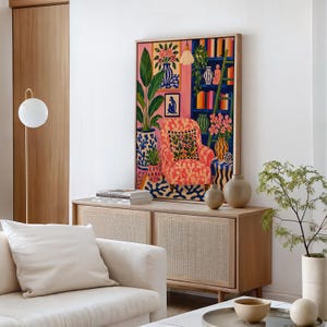 Maximalist Pink Room Oil Painting Print, Colorful Interior Wall Art, Eclectic Preppy Decor, Cozy Reading Nook Framed Canvas image 2