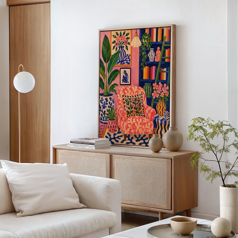 Maximalist Pink Room Oil Painting Print, Colorful Interior Wall Art, Eclectic Preppy Decor, Cozy Reading Nook Framed Canvas image 2