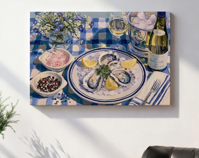 French Oyster Wall Art Print, Coastal Kitchen Decor, Blue Check Table Painting, Seafood Canvas Art, Coastal Dining Room Wall Decor