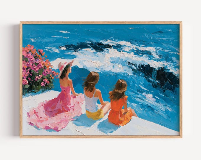 Coastal Family Wall Art Print, Ocean Cliff Painting, Mother and Daughters Artwork, Beach House Decor, Impressionist Seascape