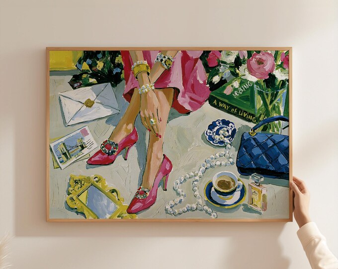 Preppy Wall Art Print, Chic Fashion Illustration, Pink Heels Painting, Feminine Room Decor, Coquette Aesthetic Art, Grandmillennial Decor