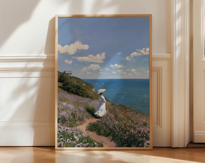 Woman On Cliff Wall Art Print, Seaside Summer Scene With Parasol, Cliffside Cottage And Lavender Slope, Coastal Blue Ocean Landscape Decor