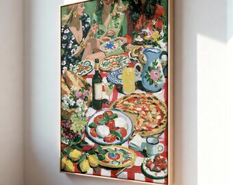 Best Friends Picnic Oil Painting Print, Mediterranean Food Wine Wall Art Print, Dolce Vita Artwork, Preppy Room Decor