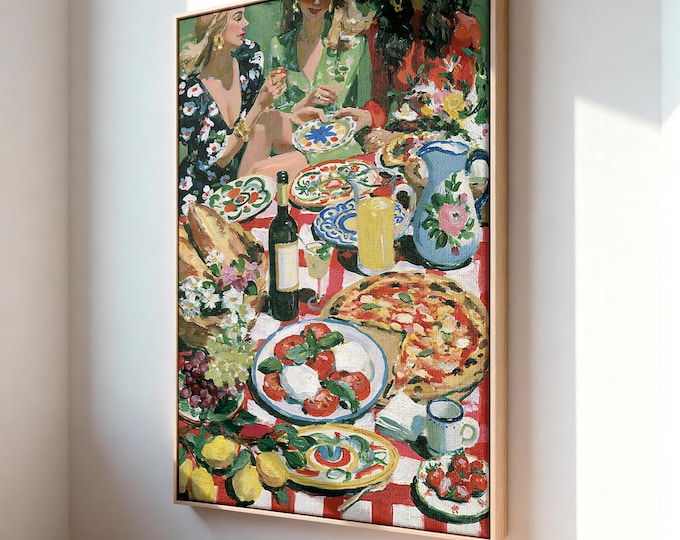 Best Friends Picnic Oil Painting Print, Mediterranean Food Wine Wall Art Print, Dolce Vita Artwork, Preppy Room Decor