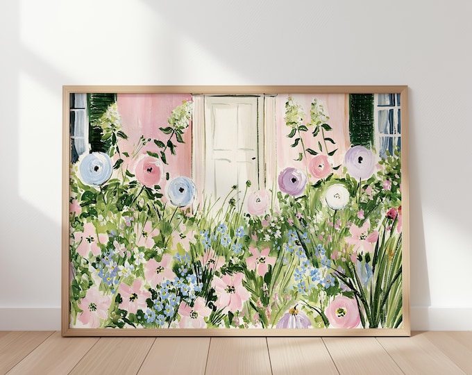 Pink House Wall Art Print, Hydrangea Flower Garden Painting, Cottage Garden Wall Decor, Impressionist Floral Canvas Art
