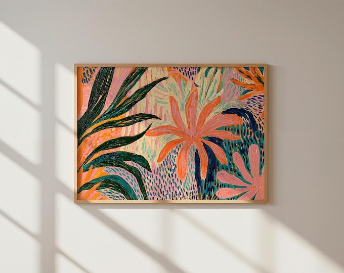 Colorful Abstract Floral Wall Art Print, Pink Green Blue Botanical Painting, Modern Flower Canvas Art, Large Living Room Decor
