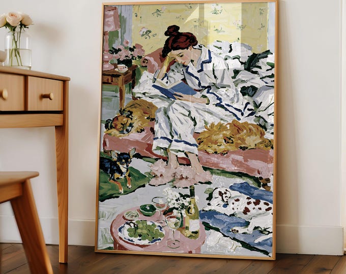 Woman Reading with Dogs Wall Art Print, Cozy Reading Nook Canvas Print, Vintage Pajama Painting, Cottagecore Bedroom Decor, Book Lover Gift
