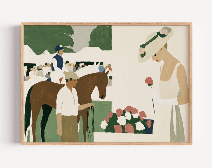 Horse Racing Wall Art Print, Equestrian Wall Decor, Derby Day Painting, Old Money Vintage Horse Canvas, Jockey Art, Country Club Decor