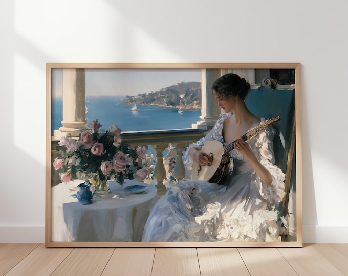Woman Playing Guitar Wall Art Print, Coastal Grandmillennial Decor
