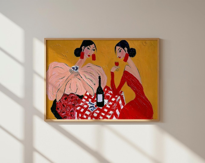 Two Women Drinking Wine Wall Art Print, Female Friendship Painting, Girls Night Art Print, Red Figurative Canvas, Colorful Woman Decor