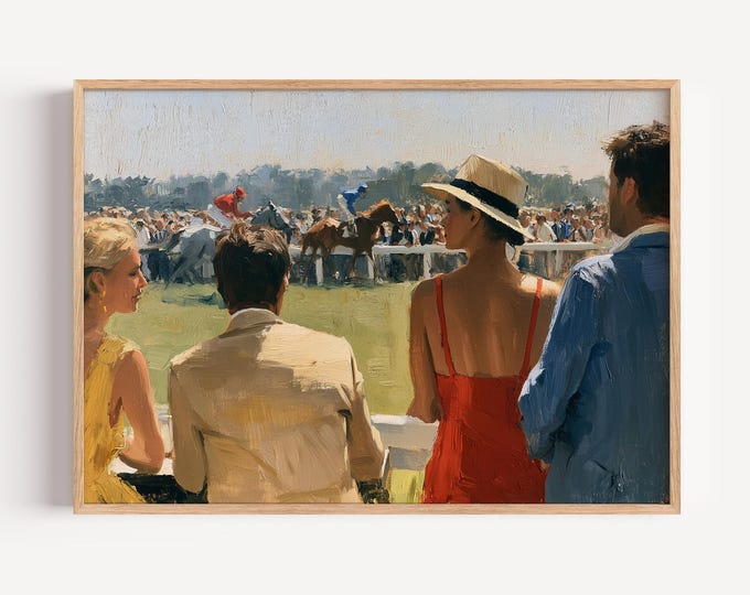 Horse Racing Wall Art Print, Equestrian Wall Decor, Derby Day Painting, Old Money Vintage Horse Canvas, Jockey Art, Country Club Decor