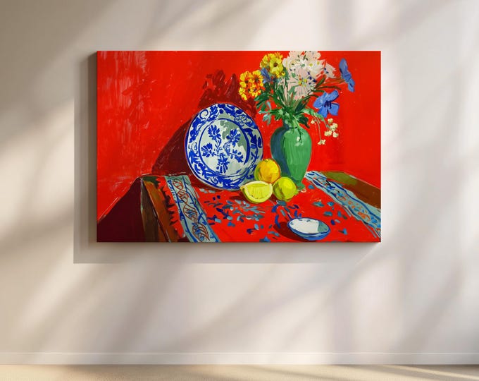 Vibrant Fauvism Still Life Art Print, Red Background, Blue & White Plate, Lemons, Green Vase, Colorful Wall Decor, Home Art Print