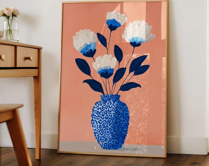 Blue and White Leopard Vase Floral Oil Painting Print, Peach and Navy Botanical Art, Preppy Room Decor, Eclectic Framed Canvas