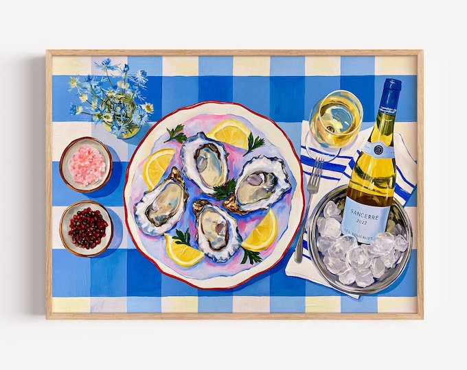 French Oyster Wall Art Print, Coastal Kitchen Decor, Blue Check Table Painting, Seafood Canvas Art, Coastal Dining Room Wall Decor