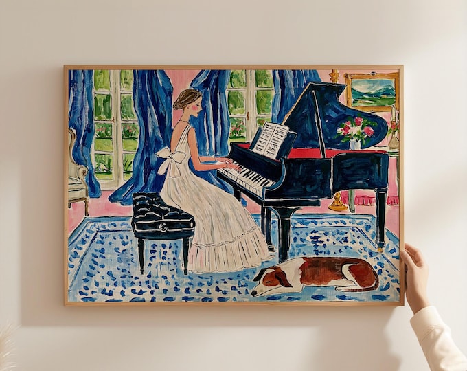 Vintage Piano Wall Art Print, Woman Playing Piano Painting, Sunlit French Country Decor, Romantic Impressionist Art, Elegant Music Room Art