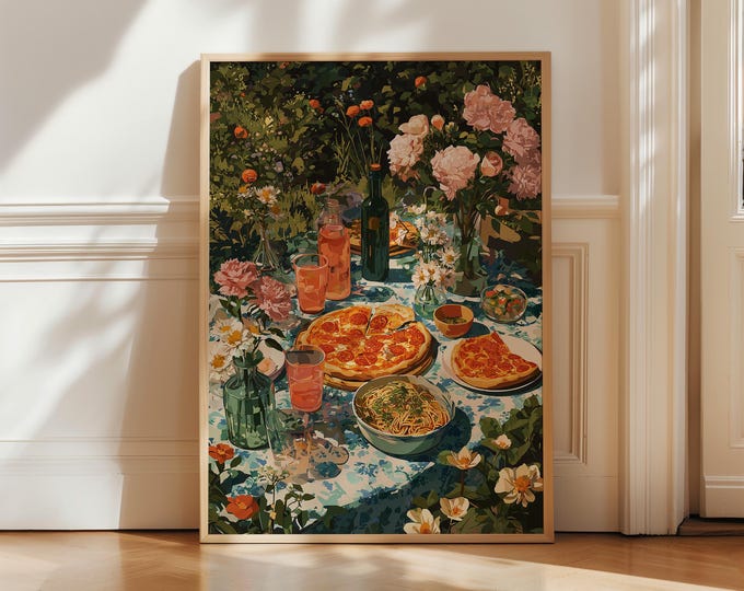 Pizza Pasta Oil Painting Print, Maximalist Kitchen Wall Art, Italian Dinner Print, Colorful Floral Garden Table Decor, Gift for Pizza Lover
