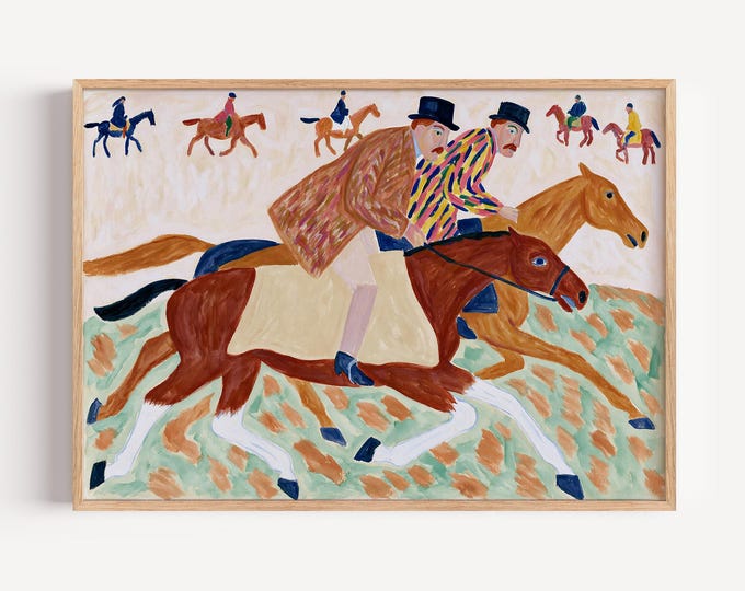 Horse Racing Wall Art Print, Equestrian Painting, Jockey Horse Race Art, Colorful Folk Art, Vintage Horse Decor, Country Farmhouse Wall Art