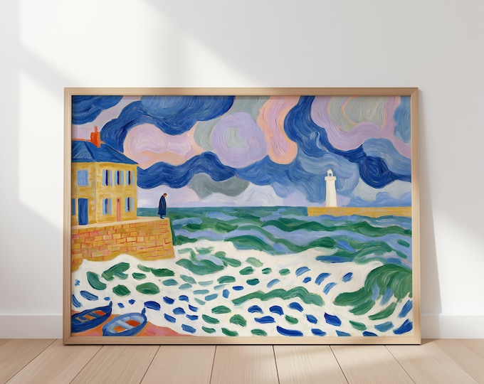 Coastal Oil Painting Print, Lighthouse Wall Art, Colorful Ocean Seascape, Nautical Wall Decor, Beach House Art, Coastal Home Decor