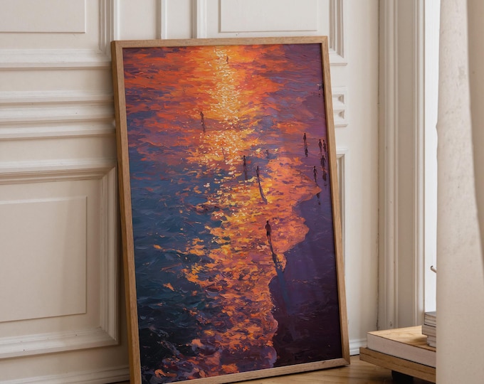 Aerial Beach Sunset Painting Print, Impasto Ocean Print, Vibrant Coastal Wall Art, People on Beach Art, Orange Purple Sea Decor